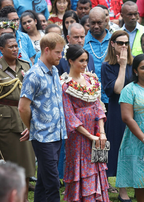 Le prince Harry, duc de Sussex et sa femme Meghan Markle, duchesse de Sussex (enceinte) visitent le campus de l'Université du Pacifique Sud ("University of the South Pacific") à Suva lors de leur voyage officiel aux îles Fidji, le 24 octobre 2018. 