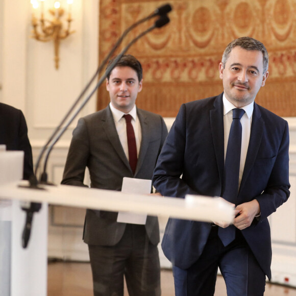 Gérald Darmanin, Eric Dupond-Moretti, Gabriel Attal - Conférence de presse de présentation du bilan 2022 de la lutte contre les drogues, au ministère de l'intérieur, Paris, le 1er mars 2023. © Stéphane Lemouton / Bestimage