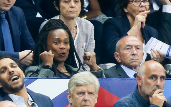 La ministre des Sports Laura Flessel-Colovic et le ministre de l'intérieur Gérard Collomb - Match pour les éliminatoires de la Coupe du Monde 2018, France - Pays-Bas au Stade de France à Saint-Denis, le 31 août 2017. © Agence/Bestimage