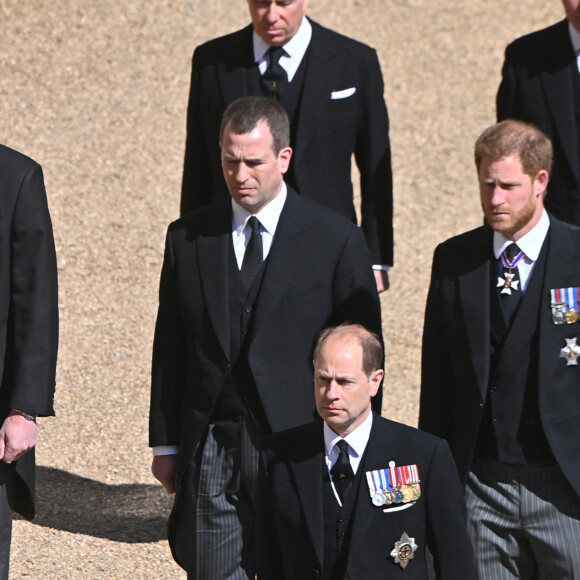 Le prince Edward, comte de Wessex, le prince William, duc de Cambridge, Peter Phillips, le prince Harry, duc de Sussex - Arrivées aux funérailles du prince Philip, duc d'Edimbourg à la chapelle Saint-Georges du château de Windsor, le 17 avril 2021. 