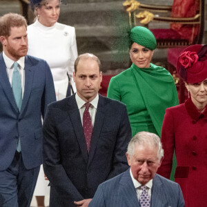 Le prince Charles le prince William, duc de Cambridge, et Kate Catherine Middleton, duchesse de Cambridge, le prince Harry, duc de Sussex, Meghan Markle, duchesse de Sussex - La famille royale d'Angleterre lors de la cérémonie du Commonwealth en l'abbaye de Westminster à Londres. Le 9 mars 2020 