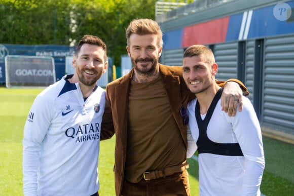 Lionel Messi (Leo), Marco Verratti et David Beckham lors de la visite de David Beckham pendant l'entrainement des joueurs du PSG au Camp Des Loges à Paris, le 27 avril 2023. © Twitter via Bestimage