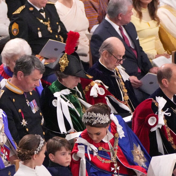 Les invités à la cérémonie de couronnement du roi d'Angleterre à l'abbaye de Westminster de Londres  Le prince William, prince de Galles, et Catherine (Kate) Middleton, princesse de Galles, La princesse Charlotte de Galles, Le prince Louis de Galles, Le prince Edward, duc d'Edimbourg et Sophie, duchesse d'Edimbourg, James Mountbatten-Windsor, Comte de Wessex, Lady Louise Windsor, Le duc et la duchesse de Gloucester, Vice Admiral Sir Tim Laurence et La princesse Anne, Le prince Andrew, duc d'York, La princesse Beatrice d'York et son mari Edoardo Mapelli Mozzi, La princesse Eugenie d'York et son mari Jack Brooksbank et Le prince Harry, duc de Sussex - Les invités à la cérémonie de couronnement du roi d'Angleterre à l'abbaye de Westminster de Londres, Royaume Uni, le 6 mai 2023.