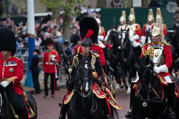 La princesse Anne à cheval à la sortie de la cérémonie de couronnement du roi d'Angleterre à l'abbaye de Westminster de Londres, Royaume Uni, le 6 mai 2023.