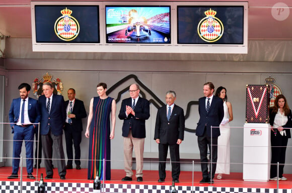 Michel Boeri, la princesse Charlène de Monaco, le prince Albert II de Monaco, le roi de Malaisie, Abdullah Shah, Andrea Casiraghi - Remise de prix du 80ème Grand Prix de Monaco de Formule 1 à Monaco le 28 Mai 2023. 