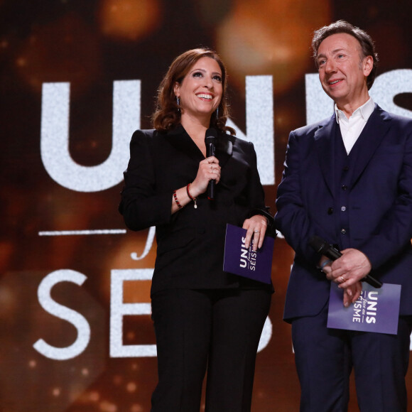 Exclusif - Léa Salamé, Stéphane Bern lors de l'émission "Unis face au séisme" à l'Olympia diffusée en direct sur France 2 le 14 mars 2023. © Christophe Clovis/ Cyril Moreau / Bestimage