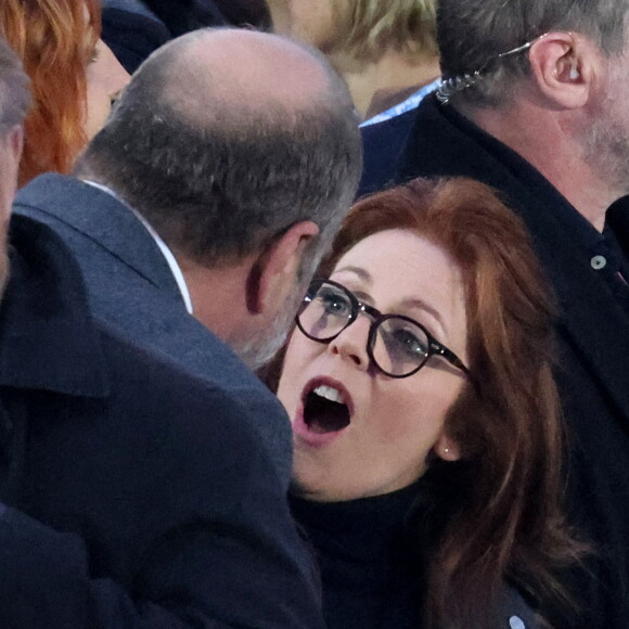 Eric Dupond-Moretti et Isabelle Boulay - Le président Emmanuel Macron prononce un discours au Champ de Mars le soir de sa victoire à l'élection présidentielle le 24 avril 2022. © Dominique Jacovides / Bestimage 