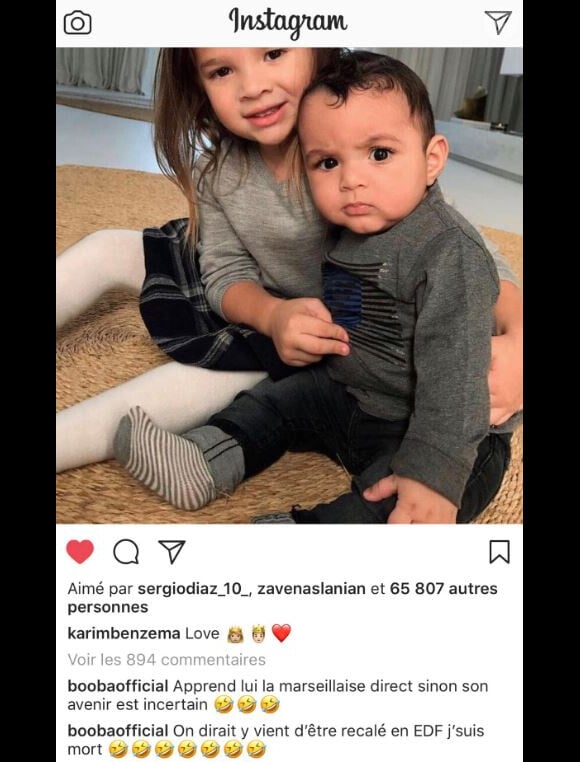 Karim Benzema publie une photo de sa fille Mélia et son Ibrahim sur Instagram le 14 janvier 2018. Booba laisse deux commentaires.