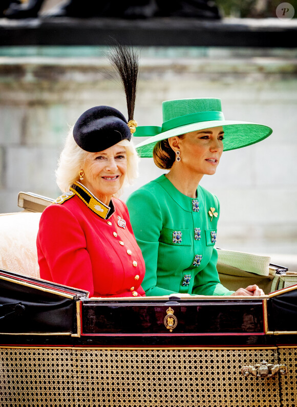 La reine consort Camilla Parker Bowles, Kate Catherine Middleton, princesse de Galles - La famille royale d'Angleterre lors du défilé "Trooping the Colour" à Londres. Le 17 juin 2023 