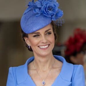 Catherine (Kate) Middleton, duchesse de Cambridge, lors de la cérémonie de l'ordre de la Jarretière à la chapelle Saint-Georges du château de Windsor. Cette année pour la première fois Camilla Parker Bowles, duchesse de Cornouailles, a été investie comme nouveau chevalier de l'ordre de la Jarretière par la reine et a pu participer à la procession au côté du prince Charles. Londres, la 13 juin 2022. 