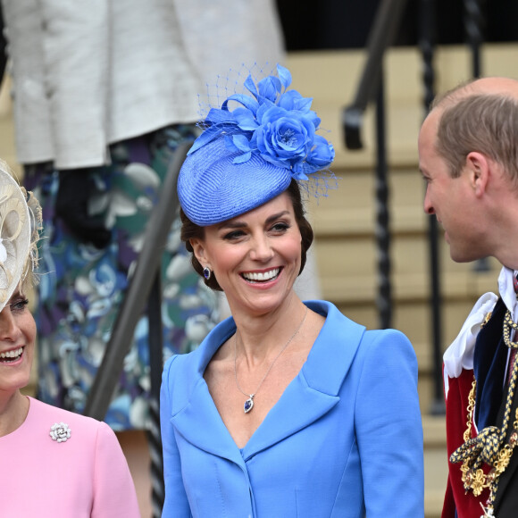 Le prince William, duc de Cambridge, Catherine (Kate) Middleton, duchesse de Cambridge, Sophie Rhys-Jones, comtesse de Wessex, lors de la cérémonie de l'ordre de la Jarretière à la chapelle Saint-Georges du château de Windsor. Cette année pour la première fois Camilla Parker Bowles, duchesse de Cornouailles, a été investie comme nouveau chevalier de l'ordre de la Jarretière par la reine et a pu participer à la procession au côté du prince Charles. Londres, la 13 juin 2022. 