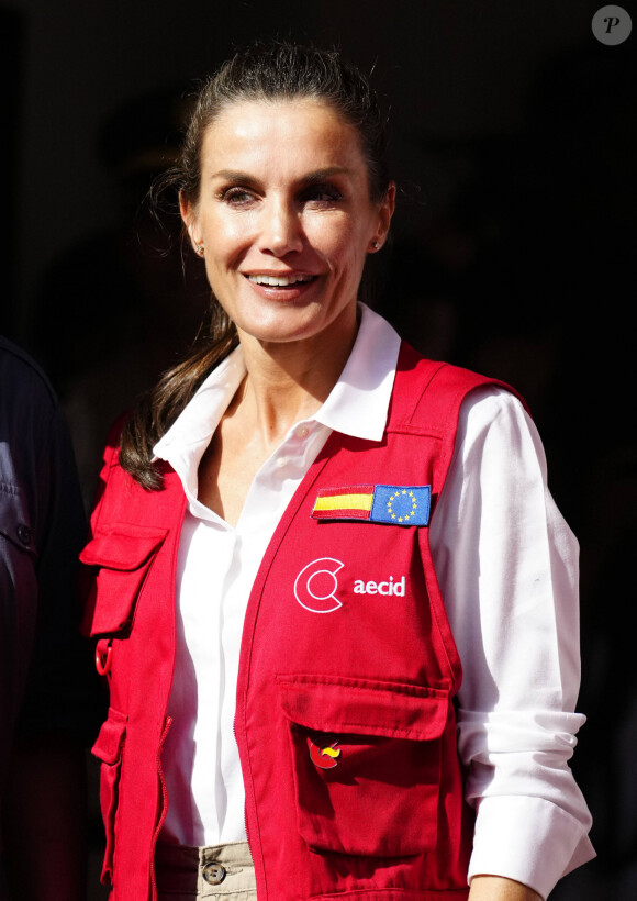 La reine Letizia d'Espagne en visite sur le chantier de restauration du site Baluarte de Santa Catalina à Carthagène, à l'occasion du premier jour de son voyage officiel en Colombie. Le 13 juin 2023 