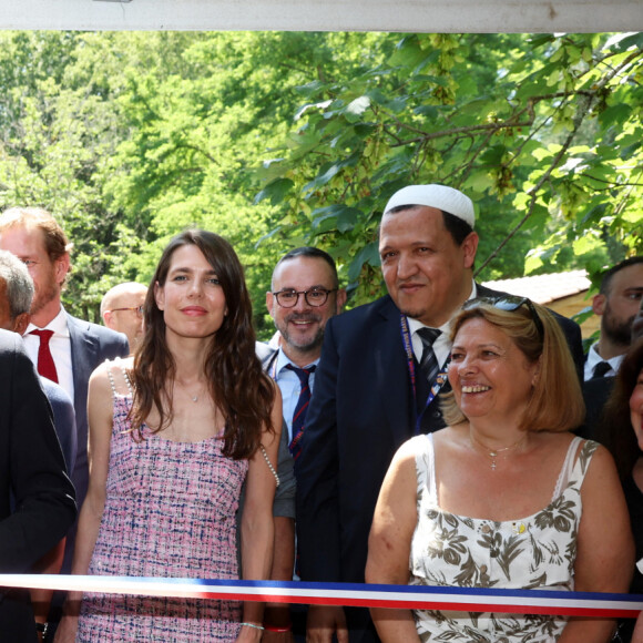 Exclusif - Mario Stasi (Président de la Ligue contre le racisme et l'antisémitisme), François Hollande, Germinal Peiro, Pdt du conseil départemental de la Dordogne, Charlotte Casiraghi et Andrea Casiraghi, Hassen Chalghoumi, président de la conférence des imams de France, Pdt des imams de France, Marianne Baker (fille de Josephine Baker) - Inauguration du 1er Festival du livre Joséphine Baker-Licra au parc de Joséphine Baker à Castelenaud-la Chapelle le 24 juin 2023. © Dominique Jacovides / Bestimage 