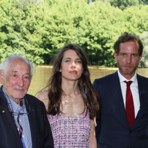 Exclusif - Claude Pierre-Bloch (vice-président national de la Licra et organisateur du 1er festival du livre Josephine Baker), Charlotte Casiraghi et Andrea Casiraghi - Inauguration du 1er Festival du livre Joséphine Baker-Licra au parc de Joséphine Baker à Castelenaud-la Chapelle le 24 juin 2023.  © Dominique Jacovides / Bestimage 