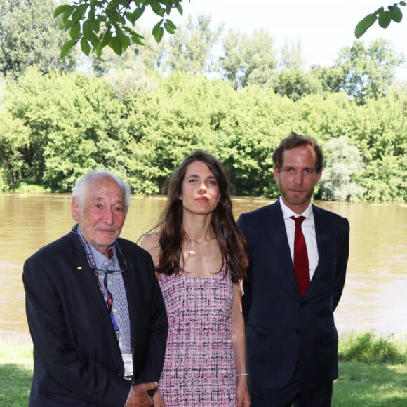 Exclusif - Claude Pierre-Bloch (vice-président national de la Licra et organisateur du 1er festival du livre Josephine Baker), Charlotte Casiraghi et Andrea Casiraghi - Inauguration du 1er Festival du livre Joséphine Baker-Licra au parc de Joséphine Baker à Castelenaud-la Chapelle le 24 juin 2023.  © Dominique Jacovides / Bestimage 