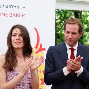 Exclusif - Charlotte Casiraghi, Andrea Casiraghi et Claude Pierre-Bloch (vice-président national de la Licra et organisateur du 1er festival du livre Josephine Baker) - Inauguration du 1er Festival du livre Joséphine Baker-Licra au parc de Joséphine Baker à Castelenaud-la Chapelle le 24 juin 2023. © Dominique Jacovides / Bestimage 