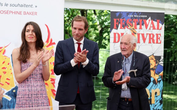 Exclusif - Charlotte Casiraghi, Andrea Casiraghi et Claude Pierre-Bloch (vice-président national de la Licra et organisateur du 1er festival du livre Josephine Baker) - Inauguration du 1er Festival du livre Joséphine Baker-Licra au parc de Joséphine Baker à Castelenaud-la Chapelle le 24 juin 2023. © Dominique Jacovides / Bestimage 