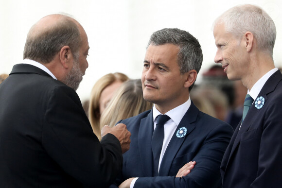 Le ministre de l'intérieur, Gérald Darmanin, Franck Riester, ministre délégué, chargé des Relations avec le Parlement et Eric Dupond-Moretti, ministre de la Justice, garde des Sceaux lors de la cérémonie du 143ème défilé militaire du 14 juillet, jour de la Fête Nationale, sur les Champs-Elysées et la place de la Concorde, à Paris, France, le 14 juillet 2023. © Stéphane Lemouton/Bestimage