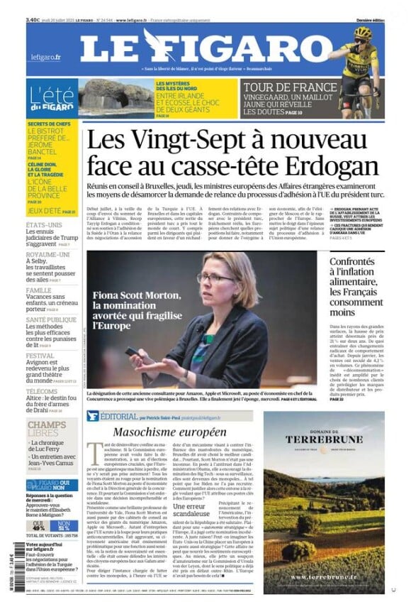 "Le Figaro", couverture du journal du jeudi 20 juillet 2023.