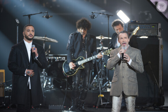 Slimane (Slimane Nebchi), Florent Pagny, Yarol Poupaud pendant l'hommage à Johnny Hallyday - 33ème Cérémonie des Victoires de la Musique à la Seine musicale de Boulogne-Billancourt, France, le 9 février 2018. © Coadic Guirec/Bestimage