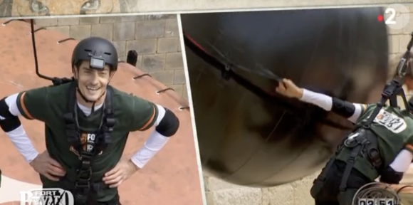 Claude Dartois en pleine épreuve avec Little Boo dans "Fort Boyard", France 2