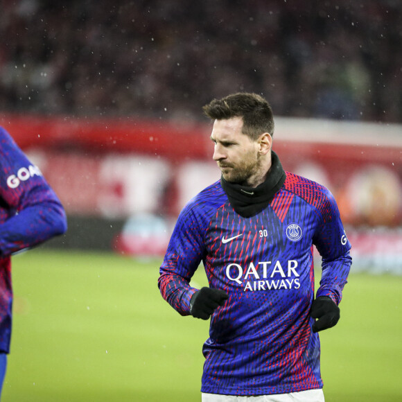 Lionel Messi - Echauffement des joueurs de PSG - Match de 8ème de finale retour de la Ligue Des Champions 2023 (LDC) "Bayern Munich Vs PSG (2-0)" à Munich en Allemagne le 8 mars 2023.