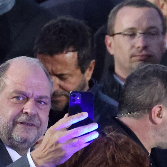 Eric Dupond-Moretti et Isabelle Boulay - Le président Emmanuel Macron prononce un discours au Champ de Mars le soir de sa victoire à l'élection présidentielle le 24 avril 2022. © Dominique Jacovides / Bestimage 