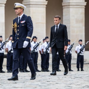 Le président de la République française, Emmanuel Macron lors de l'hommage national du général d'armée Jean-Louis Georgelin sur l'esplanade des Invalides à Paris, France, le 25 août 2023. © Mathilde Mazars/Pool/Bestimage 