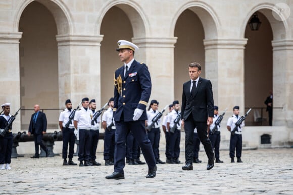 Le président de la République française, Emmanuel Macron lors de l'hommage national du général d'armée Jean-Louis Georgelin sur l'esplanade des Invalides à Paris, France, le 25 août 2023. © Mathilde Mazars/Pool/Bestimage 