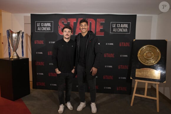 Exclusif - Baptiste Germain, Dimitri Delibes - Avant-première du film "Le Stade" au cinéma Gaumont Wilson avec tous joueurs du Le Stade Toulousain à Toulouse le 29 mars 2022. Le 13 avril sortira le film "Le Stade", le film sur le Le Stade Toulousain. Une immersion cinématographique inédite retraçant la saison dernière auréolée d'un doublé historique Champions Cup - Top 14. Le club de rugby de la ville rose, le plus titré de France et d'Europe, a ouvert en grand ses portes aux réalisateurs E. Hannezo et M. Vollaire. © Frédéric Maligne/Bestimage