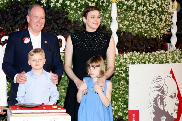 Le prince Albert II de Monaco, La princesse Charlène de Monaco, Le prince Jacques de Monaco, marquis des Baux, La princesse Gabriella de Monaco, comtesse de Carladès - "Le rocher en fête" la principauté de Monaco fête le centenaire du prince Rainier III à Monaco, le 31 mai 2023. © Claudia Albuquerque / Bestimage