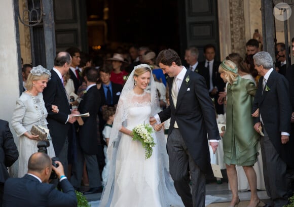 Princesse Astrid de Belgique, Elisabetta Maria Rosboch von Wolkenstein, Prince Amedeo de Belgique, Lilia Rosboch von Wolkenstein et Ettore Rosboch von Wolkenstein - Mariage du Prince Amedeo de Belgique et de Elisabetta Maria Rosboch von Wolkenstein, à la basilique de Santa Maria à Trastevere, Rome, Italie le 5 juillet 2014.