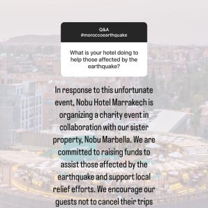 L'hôtel Nobu Marrakech va organiser un événement de charité pour soulever des fonds et venir en aide aux victimes du séisme