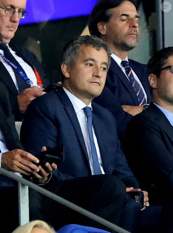 Gérald Darmanin, Ministre de l'intérieur - People dans les tribunes lors du match de Poule A de la Coupe du Monde de Rugby France 2023 entre la France et l'Uruguay (27-12) au stade Pierre-Mauroy à Lille le 14 septembre 2023. © Cyril Moreau-Dominique Jacovides/Bestimage