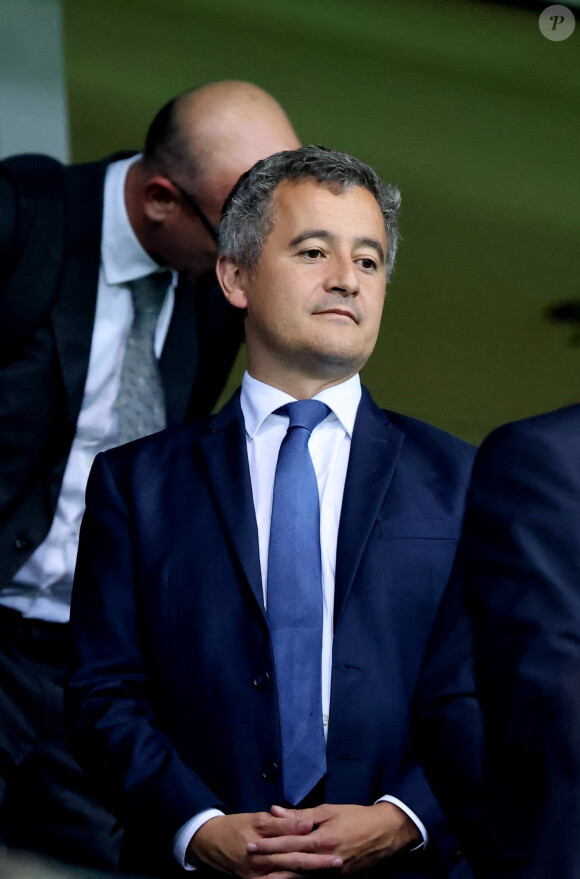 Gérald Darmanin, Ministre de l'Intérieur - People dans les tribunes lors du match de Poule A de la Coupe du Monde de Rugby France 2023 entre la France et l'Uruguay (27-12) au stade Pierre-Mauroy à Lille le 14 septembre 2023. © Cyril Moreau-Dominique Jacovides/Bestimage