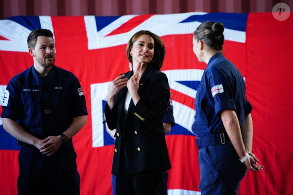 Catherine (Kate) Middleton, princesse de Galles, lors d'une visite à la Royal Naval Air Station (RNAS) Yeovilton, près de Yeovil dans le Somerset, l'une des deux principales stations aériennes de la Royal Navy et l'un des aérodromes militaires les plus fréquentés du Royaume-Uni, le lundi 18 septembre 2023. 