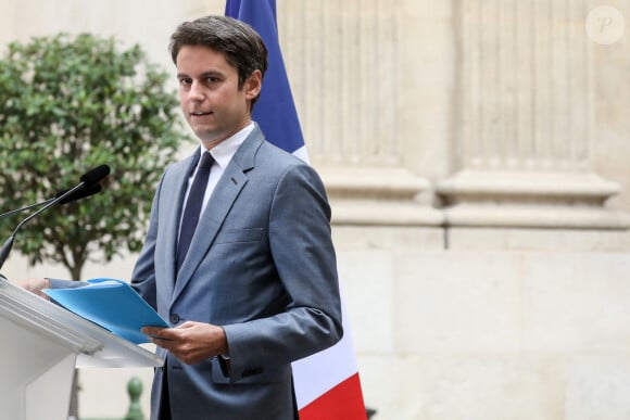 Gabriel Attal, ministre de l'Éducation nationale et de la Jeunesse lors de la conférence de presse à l'occasion de la rentrée scolaire, à Paris, le 28 août 2023, au ministère de l'Education. © Stéphane Lemouton / Bestimage