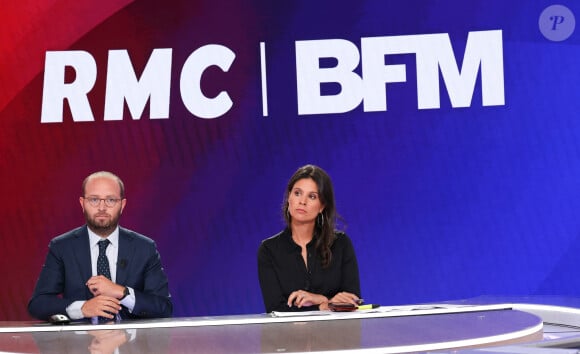 Arthur Dreyfuss et Apolline de Malherbe lors de la conférence de presse de rentrée BFM TV. - RMC du groupe Altice France à Paris, France, le 31 août 2023. © Coadic Guirec/Bestimage