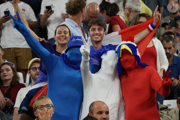Supporters de l’équipe de France - Coupe du Monde de Rugby France 2023 du match de Poule A entre la France et la Namibie (96-0) au stade Velodrome à Marseille le 21 septembre 2023.