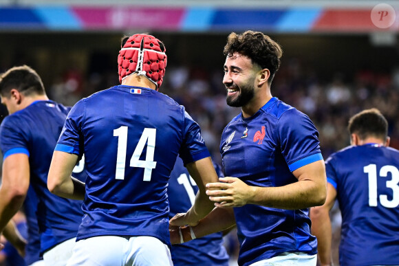Joie des joueurs de l'équipe de France - Coupe du Monde de Rugby France 2023 du match de Poule A entre la France et l'Uruguay (27-12) au stade Pierre-Mauroy à Lille le 14 septembre 2023.