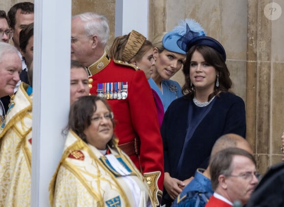 La princesse Beatrice d'York, La princesse Eugenie d'York, enceinte, Zara Phillips (Zara Tindall), - Sortie de la cérémonie de couronnement du roi d'Angleterre à l'abbaye de Westminster de Londres, Royaume Uni, le 6 mai 2023. 