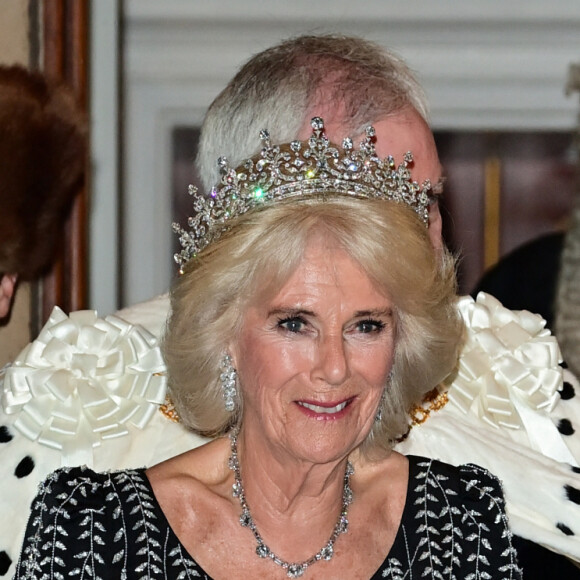 Ses bijoux étaient ceux de la reine Elizabeth II.
Le roi Charles III d'Angleterre et la reine consort Camilla Parker Bowles lors d'un dîner à la Mansion House à Londres, en l'honneur du travail des institutions civiques de la ville de Londres. Le 18 octobre 2023 