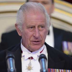 Le roi Charles III d'Angleterre lors d'un dîner à la Mansion House à Londres, en l'honneur du travail des institutions civiques de la ville de Londres. Le 18 octobre 2023 