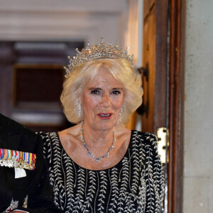 Le roi Charles III d'Angleterre et la reine consort Camilla Parker Bowles lors d'un dîner à la Mansion House à Londres, en l'honneur du travail des institutions civiques de la ville de Londres. Le 18 octobre 2023 