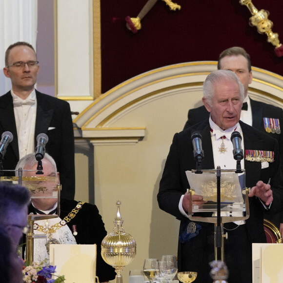 Le roi Charles III d'Angleterre lors d'un dîner à la Mansion House à Londres, en l'honneur du travail des institutions civiques de la ville de Londres. Le 18 octobre 2023 