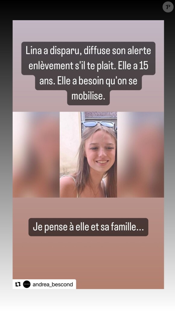 Disparue il y a un mois désormais, la jeune Lina n'a pas été retrouvée. 
Story Instagram d'Andréa Bescond.