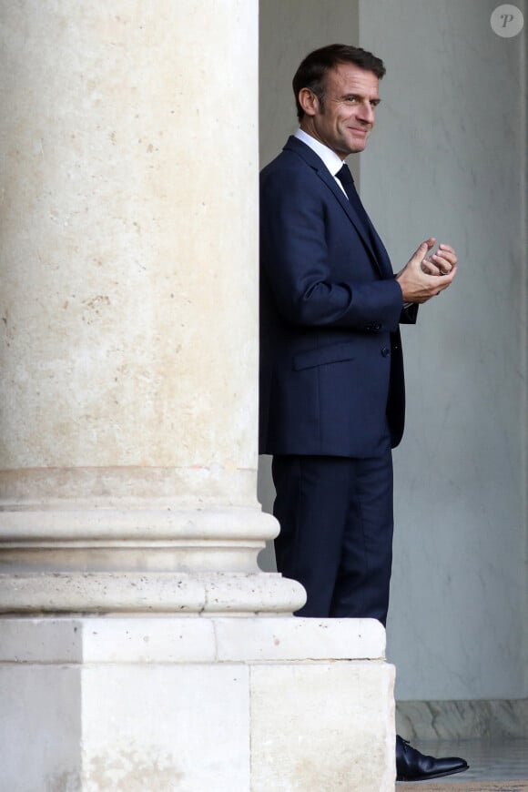 Le président français, Emmannuel Macron reçoit Roberta Metsola, présidente du Parlement européen pour un entretien au palais de l'Elysée, Paris le 31 octobre 2023. © Stéphane Lemouton / Bestimage 