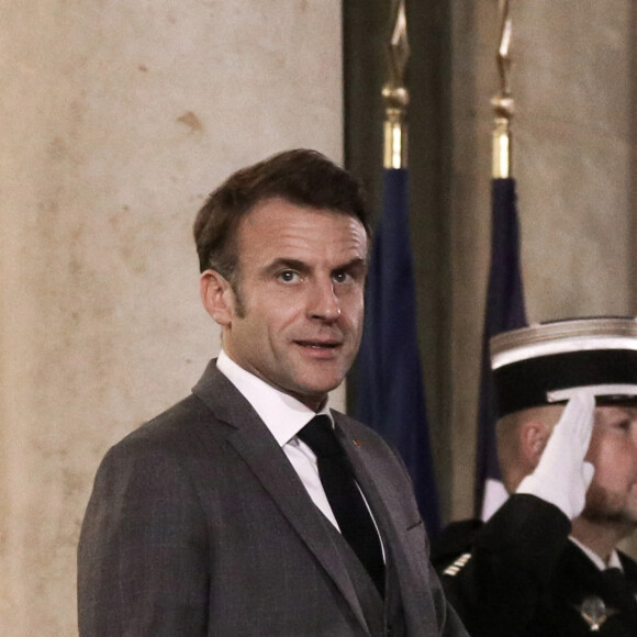 Le président français, Emmanuel Macron recoit le président du Conseil européen, le premier ministre du Royaume des Pays-Bas, le premier ministre du Portugal, la première ministre de la république d'Estonie et le premier ministre du Luxembourg pour un dîner informel sur l'agenda stratégique de l'Union européenne, au palais de l'Elysée, à Paris, le 28 novembre 2023 © Stéphane Lemouton / Bestimage