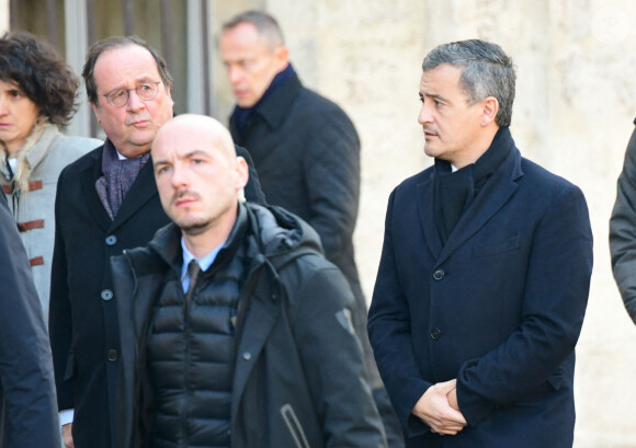 François Hollande, Gérald Darmanin - Obsèques de Gérard Collomb en la cathédrale Saint-Jean à Lyon le 29 novembre 2023. © Romain Doucelin/Bestimage