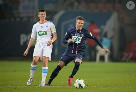 Joey Barton et David Beckham - Huitieme de finale de la Coupe de France de football entre le PSG et l'Olympique de Marseille au Parc des Princes a Paris le 27 fevrier 2013. Le PSG a remporte le match sur le score de 2 buts a 0.